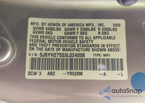 2003 Honda Element Ex from USA, damaged, VIN 5J6YH27553L024008